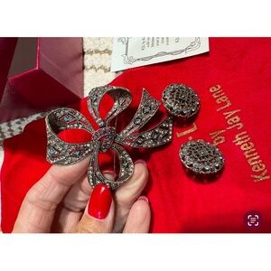 Kenneth Jay Lane Black and Silver Brooch Earrings Bow Set